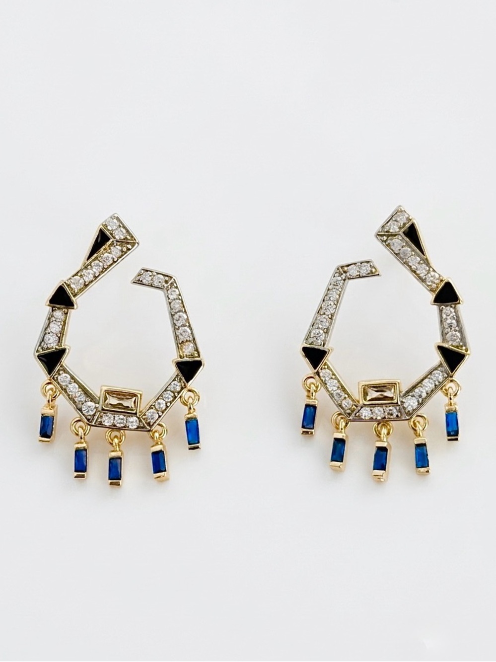 14K Gold Plated Geometric Drop Earrings |  Black Enamel w/ CZ & Blue Baguette